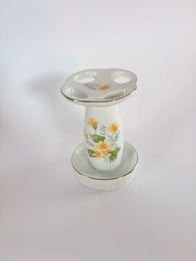 Vintage Japan Floral Ceramic Toothbrush Holder Gold Trim Bathroom